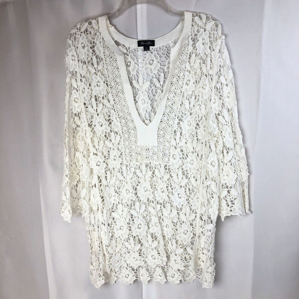Brittany Black Floral Crochet Top Women's Size XL White 3/4 Sleeve